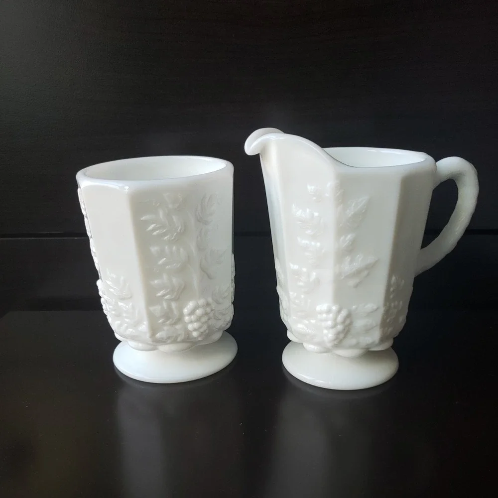 Westmoreland Milk Glass Paneled Grape Creamer and Sugar Bowl Set‎ White Vintage